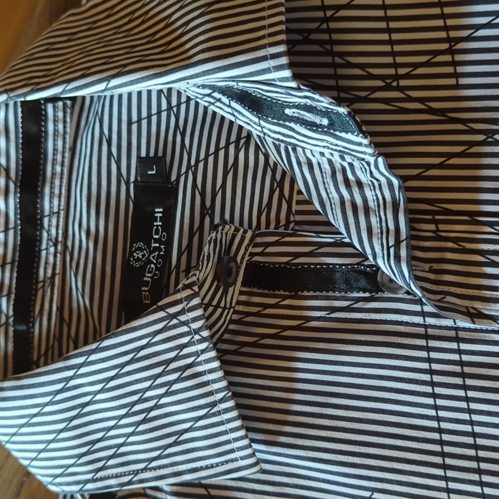 Bugatchi Men’s Long Sleeve Crisp Button Down Shirt. Black & White Geomet…